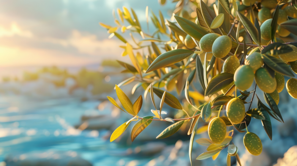 Olivenbaum mit frischen Bl&auml;ttern und Wasser im Sonnenuntergang, repr&auml;sentiert die Verbindung von Natur und Hautpflege der Naturkosmetikmarke Macrovita